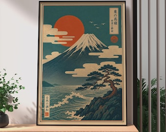 Retro Japanese Mount Fuji Poster, Vibrant Red Sun, Japanese Traditional Mountain Artwork Print