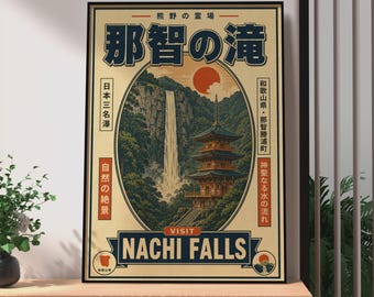 Retro Japanese Travel Poster, Nachi Falls Wakayama Print, Pagoda Waterfall Wall Art