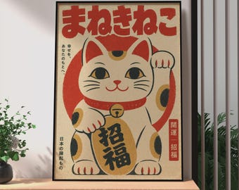 Retro Japanese Lucky Cat Poster, Maneki Neko Fortune Wall Art, Vintage Japan Ad Print