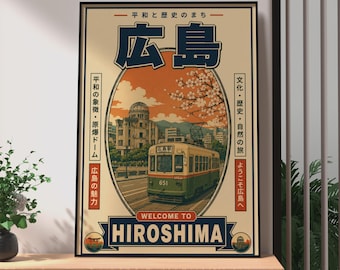 Plakat podróżniczy retro z Hiroszimą, sztuka ścienna z tramwajem w stylu vintage w Japonii, plakat podróżniczy retro z Japonii