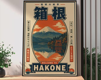 Plakat podróżniczy Retro Hakone, Brama Torii na Górze Fuji, Sztuka z japońskiego magazynu w stylu vintage