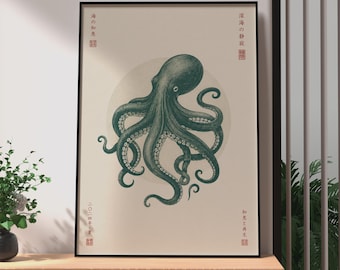 Plakat z japońską ośmiornicą w stylu retro, grafika ścienna w stylu kanji, nadruk atramentowy z głębinowego turkusu