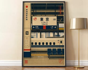 Retro Tokyo Train Station Poster, Vintage Tokyo Art, Japanese Shinkansen Train Wall Art, Retro Japanese Wall Arts, Retro Japanese Ad