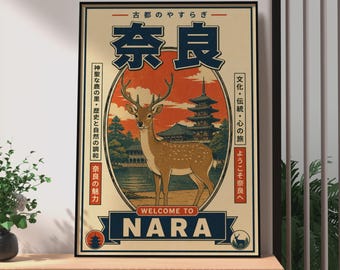 Plakat retro z podróży do Nary w Japonii, plakat z japońskiego magazynu „Deer”, sztuka ścienna z japońską pagodą