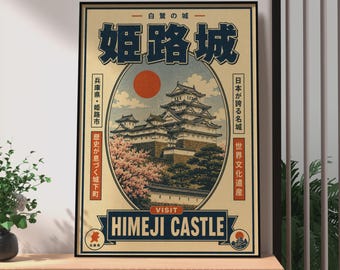 Retro Japanese Travel Poster, Himeji Castle Print, Vintage Japanese Travel Magazine Wall Art