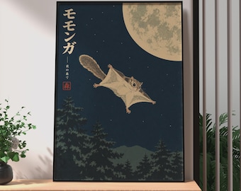 Retro Japanese Flying Squirrel Poster, Moonlit Night Momonga Wall Art Print