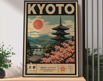 Retro Japanese Kyoto Travel Poster, Japanese Pagoda Poster, Cherry Blossom Wall Art