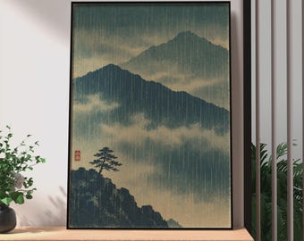 Retro Japanese Rainy Mountain Valley Poster, Ukiyo-e Style Wall Art, Teal Nature Print