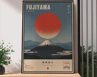 Plakat retro z japońską górą Fuji, Fujiyama, sztuka ścienna w Japonii, nadruk z czerwonym słońcem