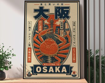 Plakat podróżniczy retro Osaka, nadruk z japońskim krabem, sztuka ścienna magazynu Dotonbori Vintage