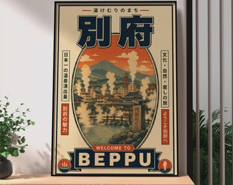 Plakat podróżniczy Retro Beppu, sztuka ścienna magazynu Vintage Japan Onsen City, plakat retro japońskiego magazynu podróżniczego