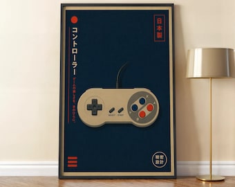 May include: A framed poster featuring a beige video game controller on a dark blue background. The controller has a plus-shaped directional pad, buttons, and the text "SELECT START". Japanese text and design elements are also present.