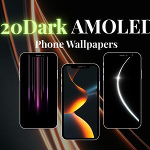 Könnte beinhalten: Drei Smartphones mit dunklen AMOLED-Hintergründen. Die Telefone zeigen abstrakte Designs mit neonrosa und weißen Linien sowie orangefarbenen und gelben Farbverläufen auf schwarzem Hintergrund. Der Text oben lautet "20Dark AMOLED Phone Wallpapers."