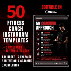 Pode incluir: Um conjunto gráfico digital de 50 modelos de Instagram para treinadores de fitness editáveis no Canva. O texto diz 50 FITNESS COACH INSTAGRAM TEMPLATES, 5 CATEGORIES, 10 TEMPLATES EACH, 1. MINDSET 2. EXERCISE 3. NUTRITION 4. COACHING 5. CONVERSION, MY COACHING APPROACH.