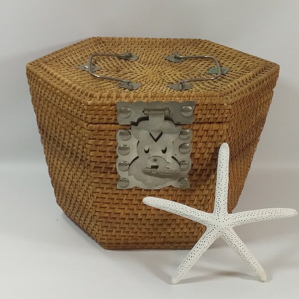 Asian Wicker Tea Set Basket Handbag; Silver Trimmed Wicker Tea Service Basket with Handles; Asian Wicker Sewing Box; Asian Wicker Handbag
