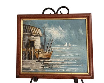 Stary obraz olejny przedstawiający statek marynistyczny w oprawie morskiej