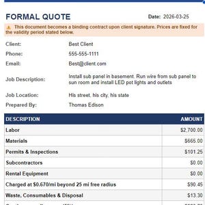 May include: A formal quote from Modern Electrical, dated March 25, 2026. The document includes client information, job description, and a detailed breakdown of costs, including labor, materials, and permits, totaling $3,795.75.