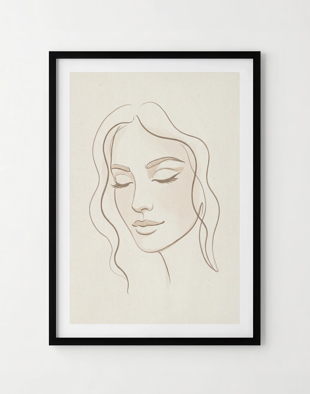 Minimalist Woman Face Sketch, Neutral Beige Line Art Portrait - Digital ...