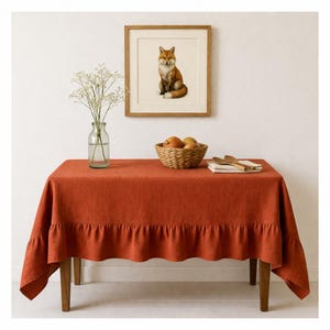 Linen Ruffle Table Cloth. 100% French flax Washed linen tablecover. Extra large Ruffles on four side. Soft linen cover. All custom Size.