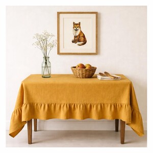 Ruffled Linen Table Cloth in Mustard. 100% French flax Washed linen tablecover. Extra large Ruffles on four side. All custom Size.