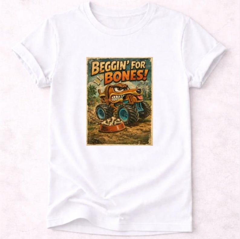 以下が含まれることがあります： 犬の形をしたモンスターカーの漫画グラフィックが特徴の白いTシャツ。テキストは「Beggin' for Bones！」です。トラックは青い車輪と骨のボウルを持っています。デザインはヴィンテージで、使い古された外観です。