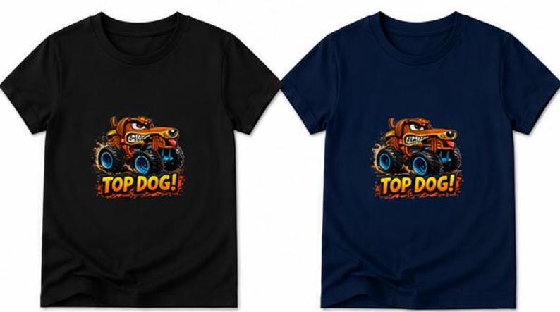 以下が含まれることがあります： 黒とネイビーブルーの2枚のTシャツ。それぞれに漫画のグラフィックが描かれています。グラフィックは、青い車輪のモンスタートラックを運転する茶色の犬を描いています。「TOP DOG！」の文字が下にあります。