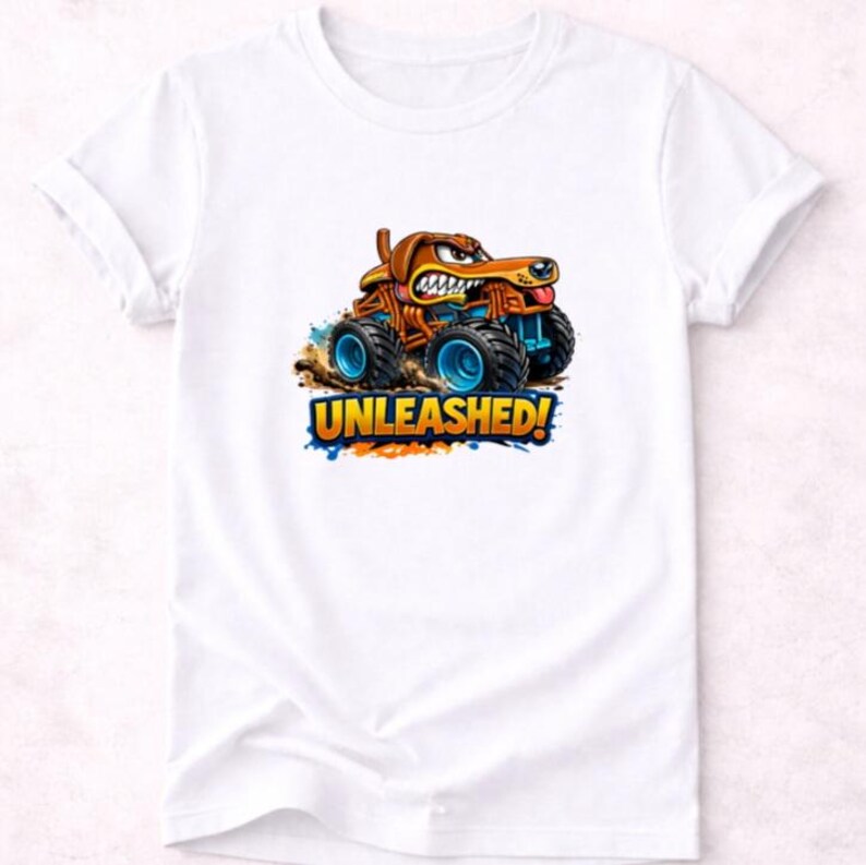 以下が含まれることがあります： 白いTシャツ。漫画の犬がモンスタートラックを運転しているデザイン。犬は怒った表情で舌を出している。テキスト「UNLEASHED！」がトラックの下にカラフルなフォントで印刷されています。