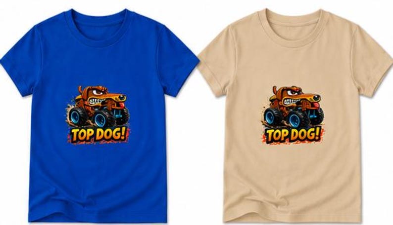 以下が含まれることがあります： 青とベージュの2枚の半袖Tシャツ。それぞれに、モンスター・トラックに乗った漫画の犬が描かれています。犬は茶色で、険しい表情をしています。「TOP DOG!」の文字がグラフィックの下にあります。