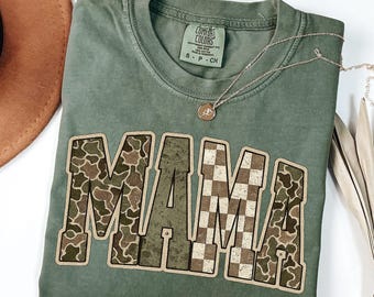 Comfort Colors® Hunting Mama Shirt, Camouflage Mama T-shirt, Retro Camo Mama Tee, Varsity Camo Mama Shirt, Duck Hunting Mom Shirt
