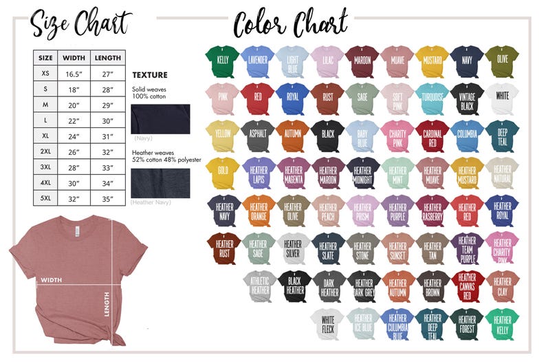 May include: A size and color chart for t-shirts. The size chart shows measurements in inches for sizes XS to 5XL. The color chart displays a wide range of colors, including Kelly green, pink, red, and navy. The texture is 100% cotton.