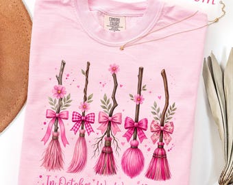 Comfort Colors In October We Wear Pink Shirt, Breast Cancer Halloween T-Shirt, Witches Cancer Coquette Shirt, Breast Cancer Awareness Tee