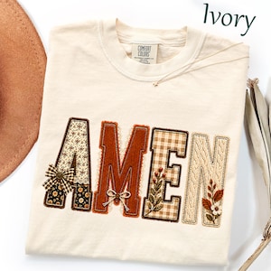 Comfort Colors Amen Fall Patchwork Shirt, Christian Floral Autumn T-Shirt, Coquette Plaid Fall Jesus Shirt, Bible Verse Shirt, Thanksgiving