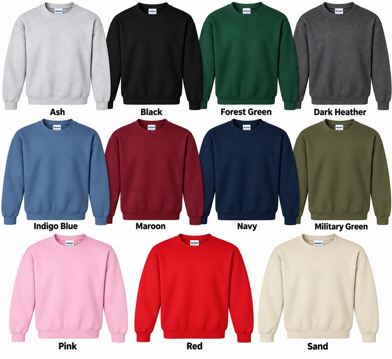 a collection of twelve different colored sweatshirts, each with a unique color and design.
