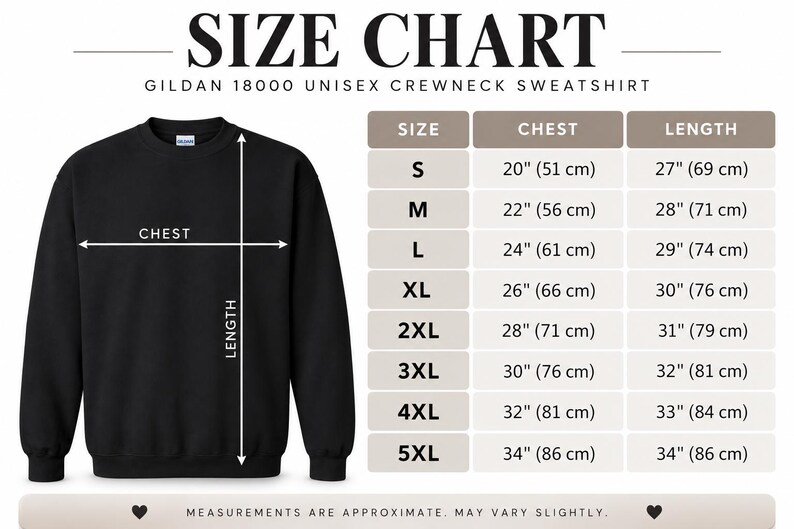 The image is a size chart for a GILAN 1800 unisex crewneck sweatshirt. It provides measurements for different chest sizes, including S, M, L, XL, 2XL, 3XL, and 5XL. The chart also includes a table with the corresponding chest and length measurements for each size. The measurements are approximate and may vary slightly, and the text indicates that the measurements are provided for illustrative purposes and may not be entirely accurate.