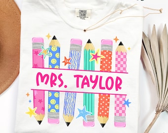 Comfort Colors Custom Name Preppy Teacher Shirt, Personalized Pencil Teacher T-Shirt, Neon Back To School Teacher Tee, Teacher Appreciation