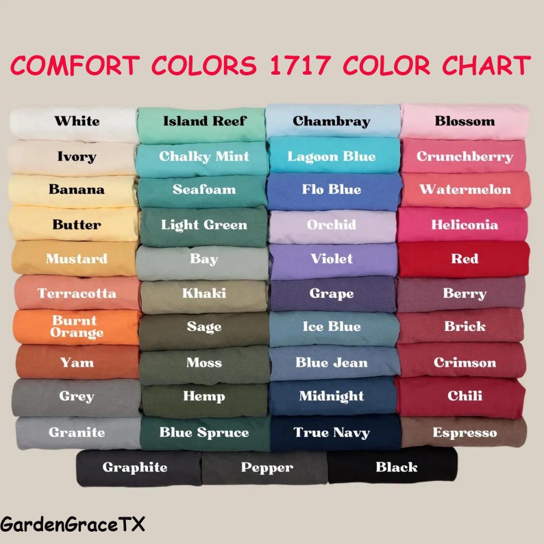The image is a color chart displaying various comfort colors, including white, island reef, chambrey, crunchberry, watermelon, butter, light green, orchid, helionia, mustard, bay, purple, red, kaki, grape, ice blue, brick, blue jeans, cranberry, chili, grey, moss, blue spruce, true navy, espresso, and black.