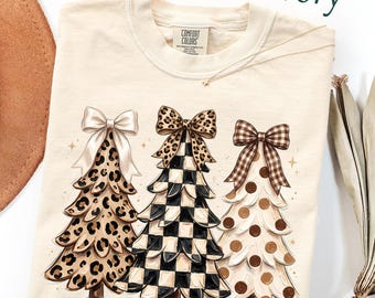 Comfort Colors Coquette Christmas Tree Shirt, Leopard Christmas T-Shirt, Checkered Polka Dot Christmas Tee, Buffalo Plaid Bow Holiday Shirt