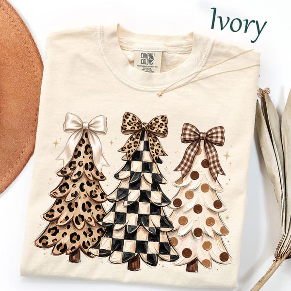 Comfort Colors Coquette Christmas Tree Shirt, Leopard Christmas T-Shirt, Checkered Polka Dot Christmas Tee, Buffalo Plaid Bow Holiday Shirt