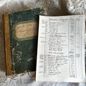 May include: An antique ledger and notebook. The notebook has a distressed green cover with a faded label. The ledger is open, displaying handwritten entries in black ink. The pages are aged and show signs of wear.