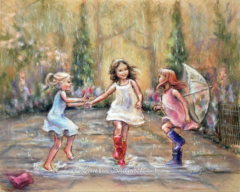 Dancing Rain Wall Art Three Girls Come Dance With Me My Friends Laurie Shanholtzer Museum Quality Flat Or Wrapped Canvas Print