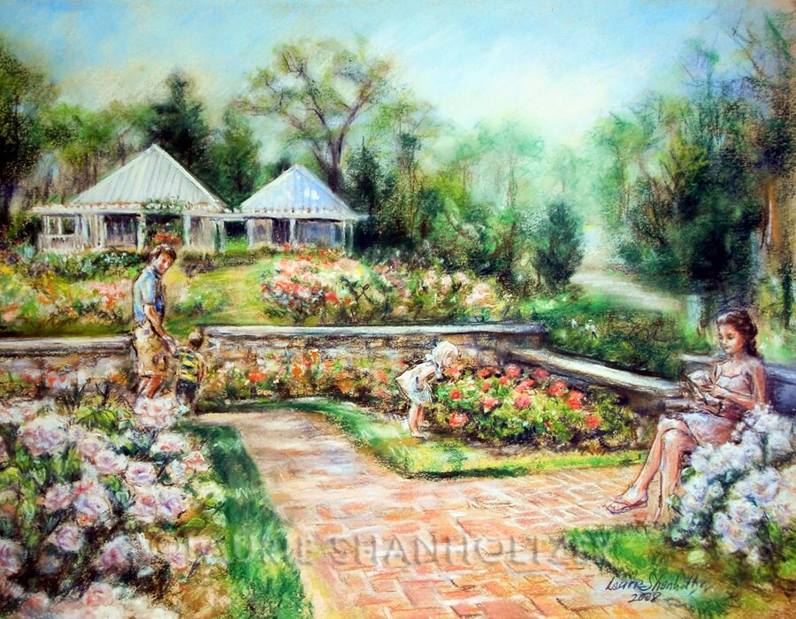 Art print Landscape garden Floral. Roses Reading Family Etsy