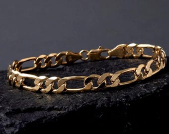 14K Gold Plated Figaro Chain Bracelet, 6mm Stainless Steel, Men Women Jewelry