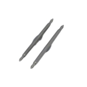 May include: Two identical grey metal spring bars for watch straps, each featuring a central cylindrical body with thin, pointed, spring-loaded pins extending from both ends, designed for securing a watch band to a watch case lug.