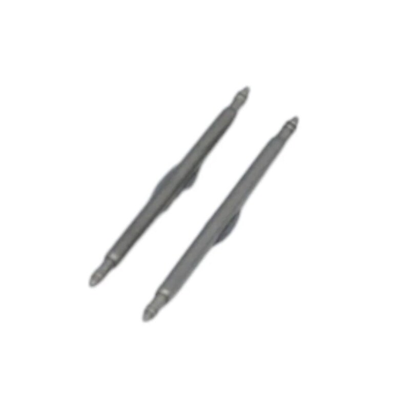 May include: Two identical grey metal spring bars for watch straps, each featuring a central cylindrical body with thin, pointed, spring-loaded pins extending from both ends, designed for securing a watch band to a watch case lug.