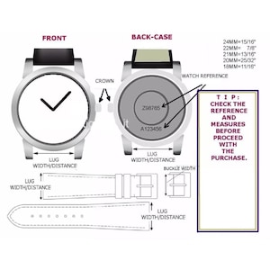 May include: A diagram showing the front and back of a watch with labels for the crown, lug width, and buckle width. It includes reference numbers Z98765 and A123456, a conversion chart from 18mm to 24mm, and text: TIP: CHECK THE REFERENCE AND MEASURES.