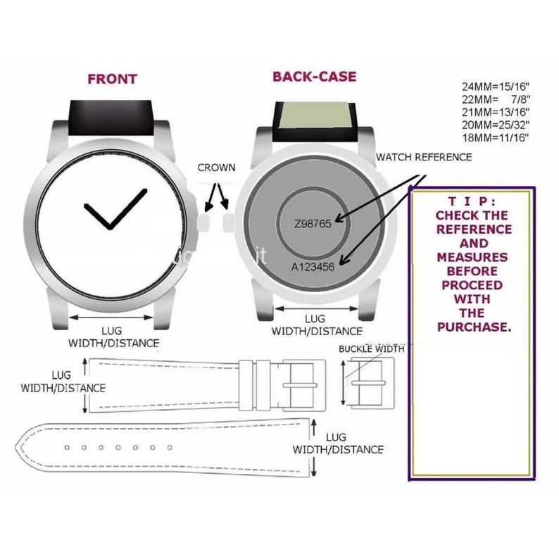 May include: A diagram showing the front and back of a watch with labels for the crown, lug width, and buckle width. It includes reference numbers Z98765 and A123456, a conversion chart from 18mm to 24mm, and text: TIP: CHECK THE REFERENCE AND MEASURES.