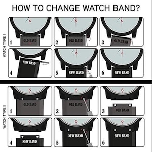 May include: An instructional graphic titled HOW TO CHANGE WATCH BAND? featuring two sections, WATCH TYPE I and WATCH TYPE II. Each section contains six numbered illustrations demonstrating the step-by-step process of removing and replacing watch bands.