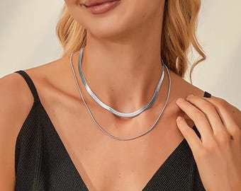18K Gold Plated Sterling Silver Herringbone Necklace, Flat Snake Chain, Minimalist Style