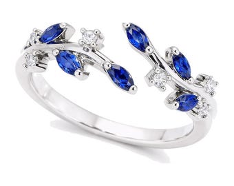 Sterling Silver Leaf Ring, Sapphire Blue Stones, Adjustable, Gift for Her