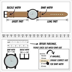 May include: A diagram illustrating watch band measurements, featuring a tan watch strap with a buckle, labeled sections for buckle width, band width, short part, and long part. Includes a conversion chart from 16mm to 32mm and instructions to check size before purchase.